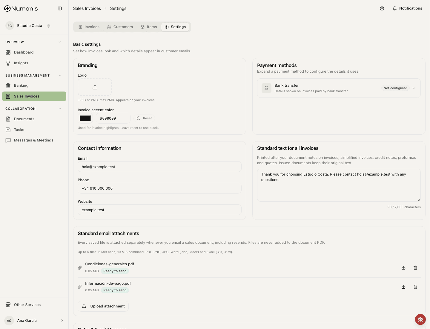 Invoicing settings in Numonis