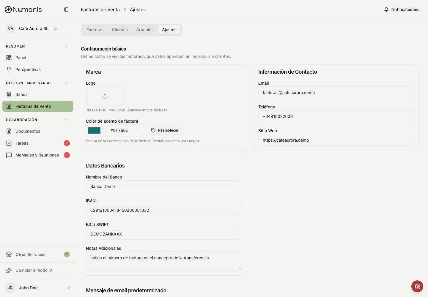 Configuración de facturación en Numonis