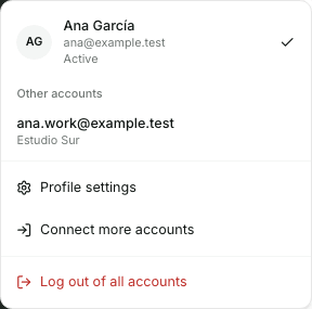 Your profile menu shows your name and email, connected accounts and the option to connect more.
