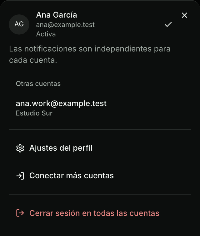 El menú de perfil muestra tu nombre y email, las cuentas conectadas y la opción de conectar más.