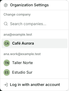 Company menu with the companies of two emails