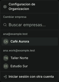 Menú de empresas con las empresas de dos emails