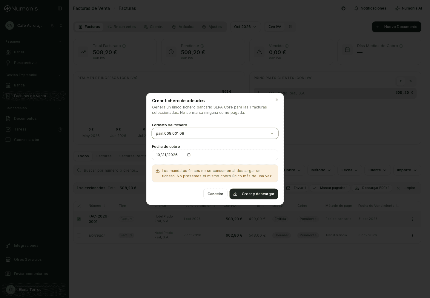 Diálogo Crear fichero de adeudos