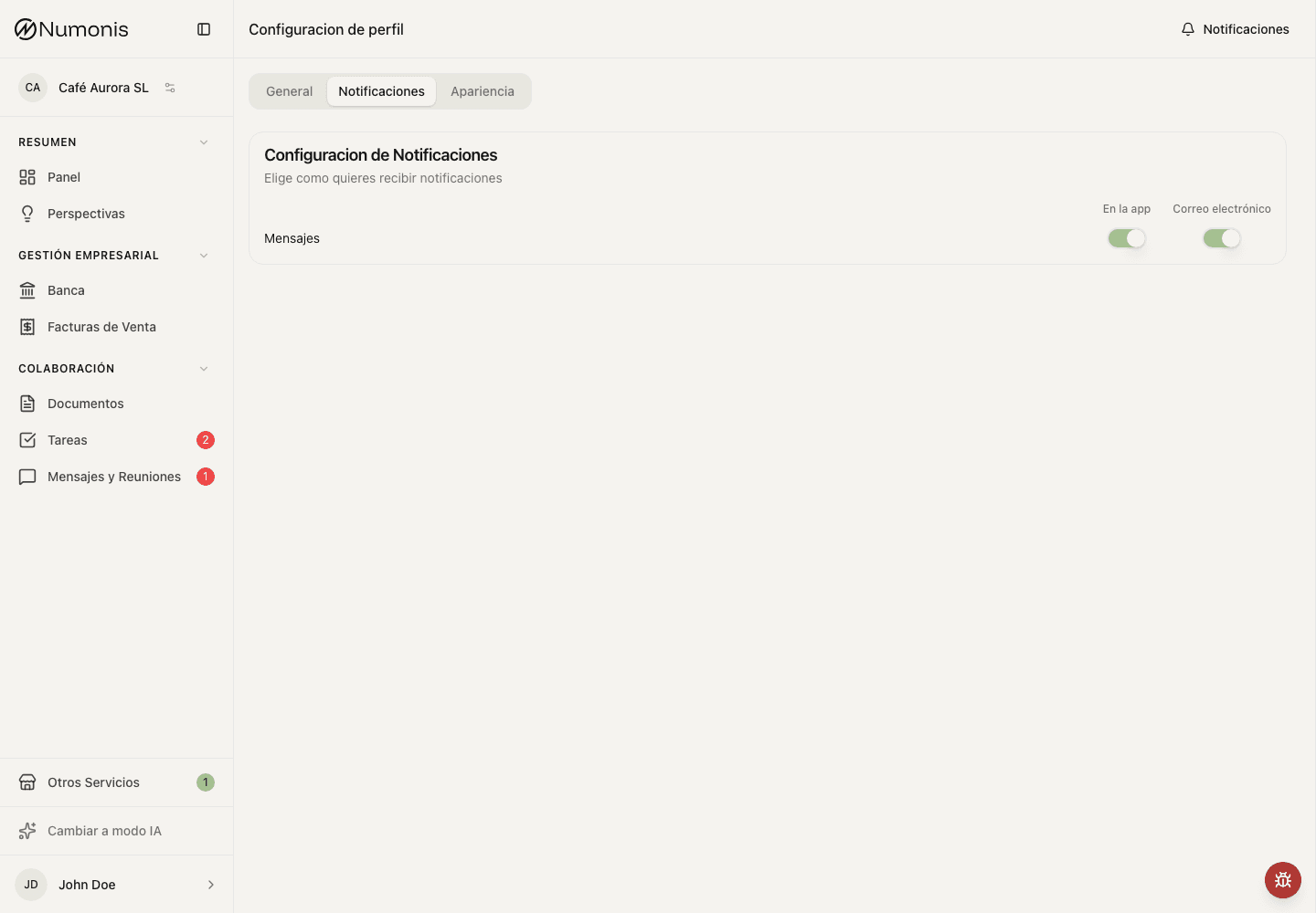 Notification preferences in Numonis