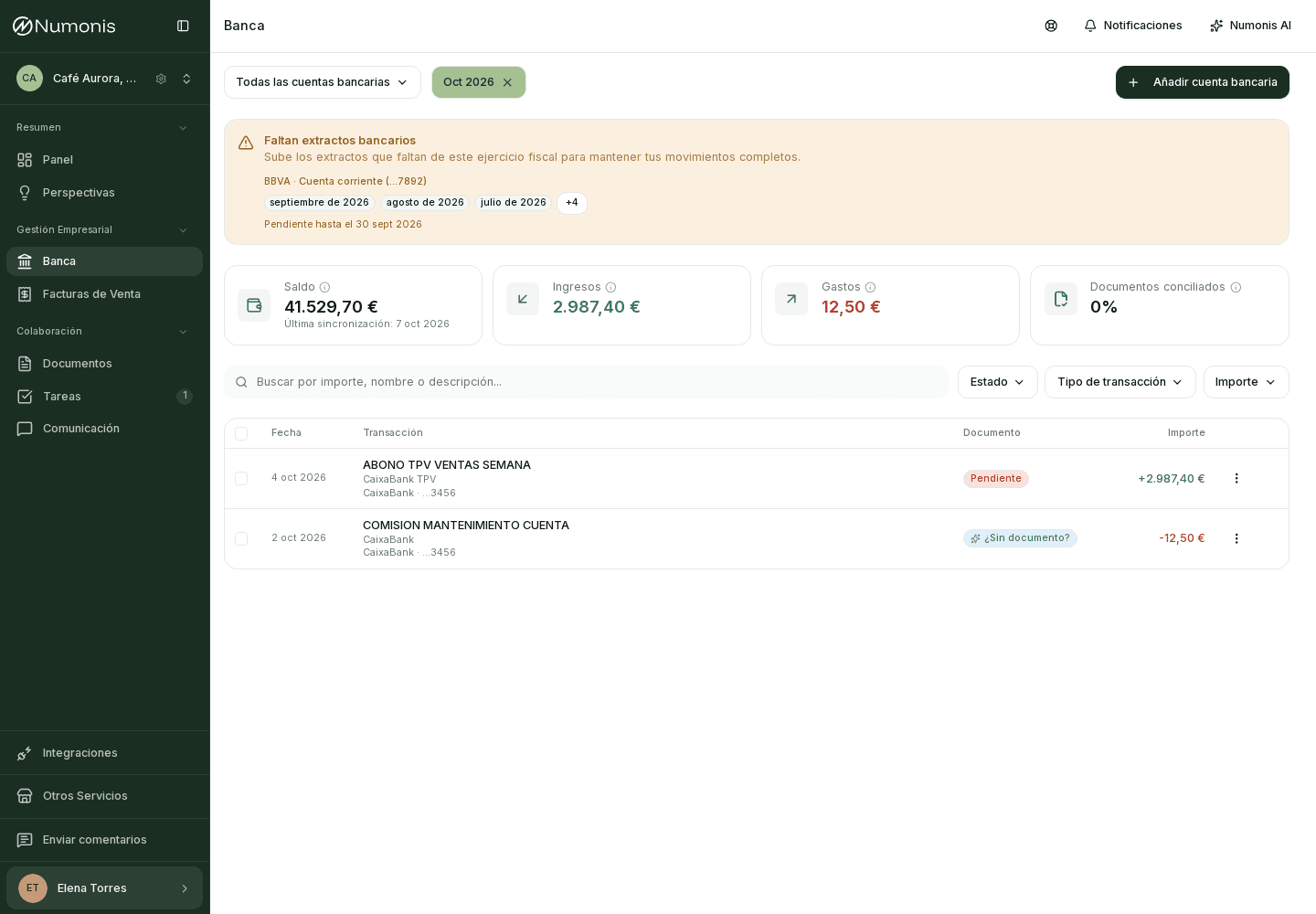 Cuentas bancarias conectadas en Numonis