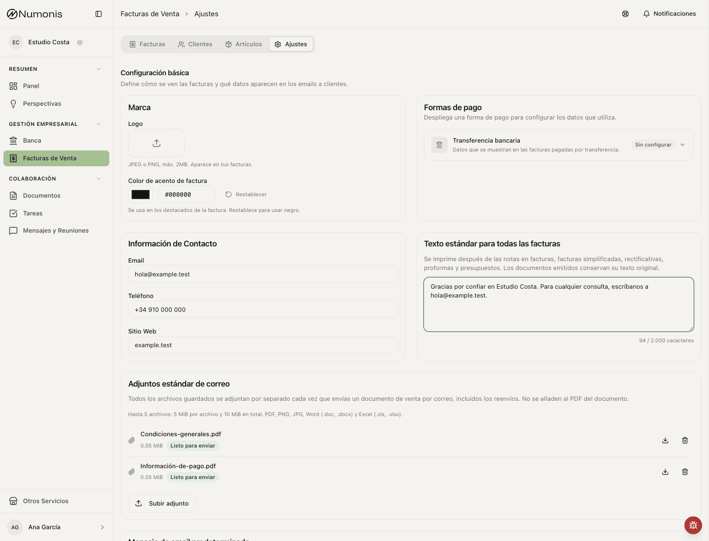 Configuración de facturación en Numonis