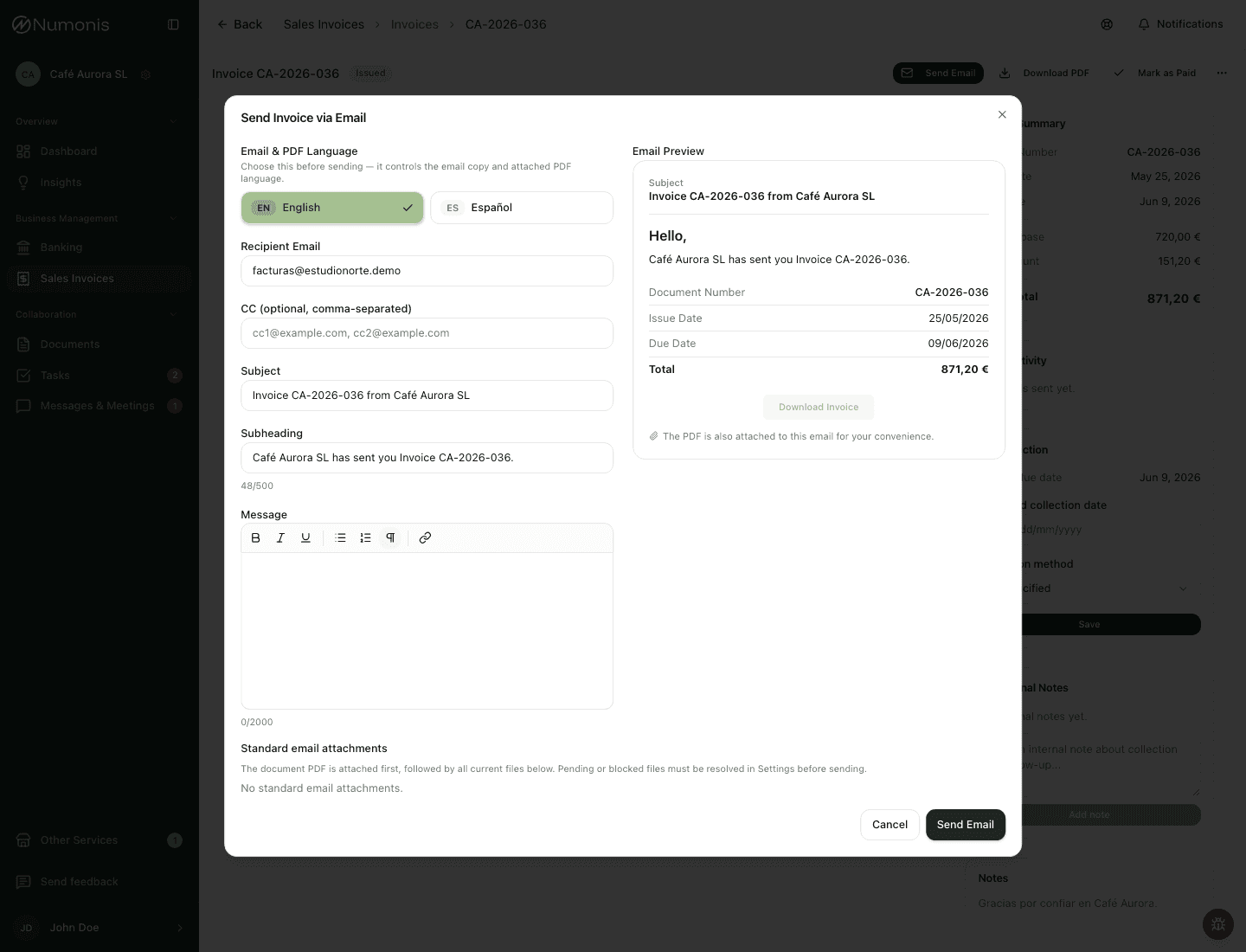 Send dialog showing the English email preview and attachment section