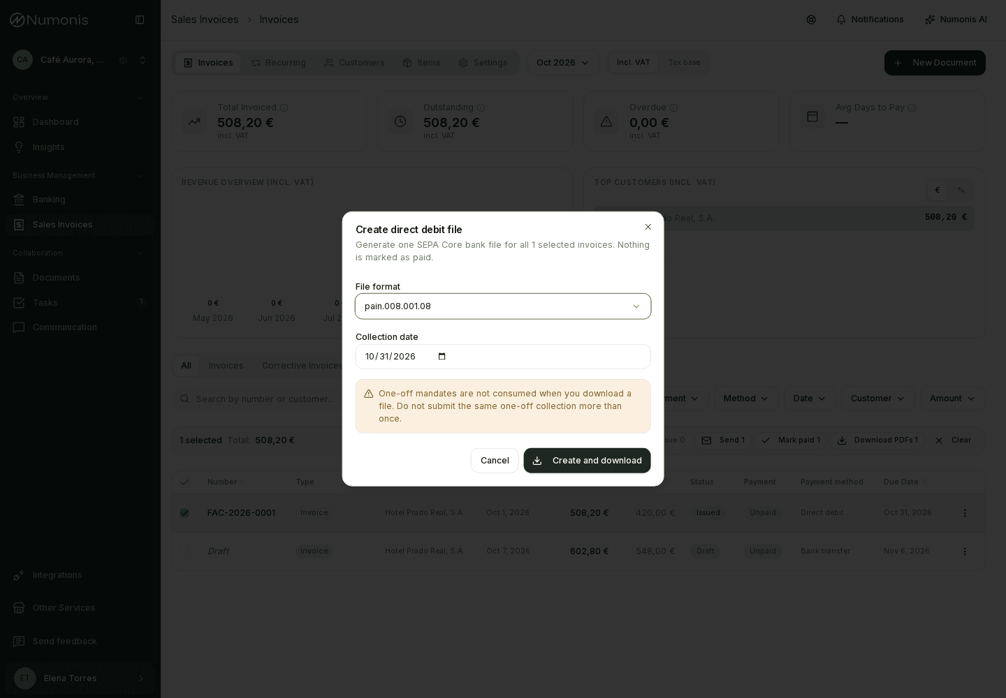 Create direct debit file dialog